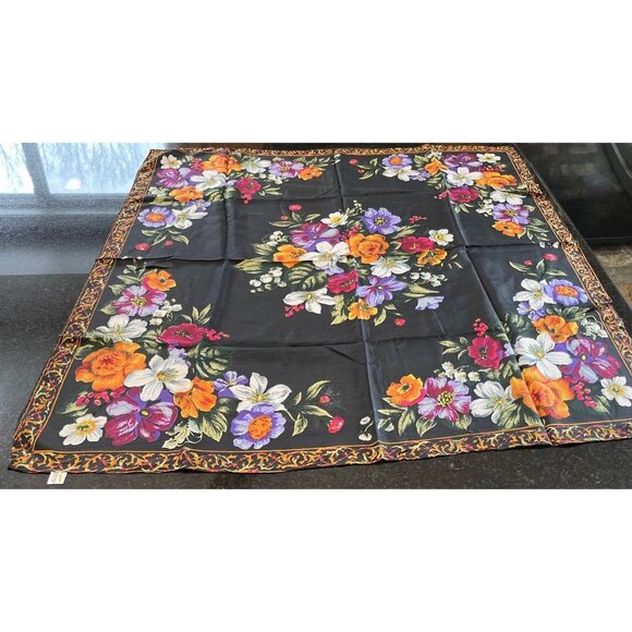 Vtg Scarf GOLDEN DRAGON 100% Silk  Handmade Black Floral Design in Multicolor - Picture 1 of 9